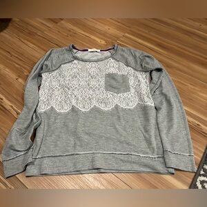 Rewind Gray Sweatshirt with White Lace Detail and Raw Hem Size Medium